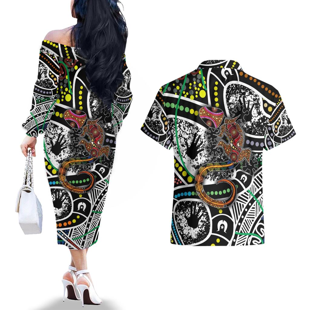 Aboriginal Lizzard Pattern Dot Art Couples Matching Off The Shoulder Long Sleeve Dress and Hawaiian Shirt