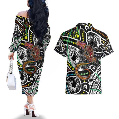 Aboriginal Lizzard Pattern Dot Art Couples Matching Off The Shoulder Long Sleeve Dress and Hawaiian Shirt
