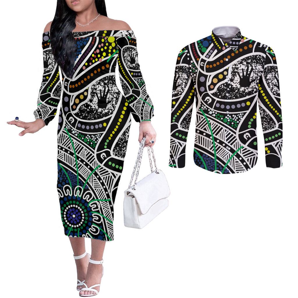 Aboriginal Lizzard Pattern Dot Art Couples Matching Off The Shoulder Long Sleeve Dress and Long Sleeve Button Shirt