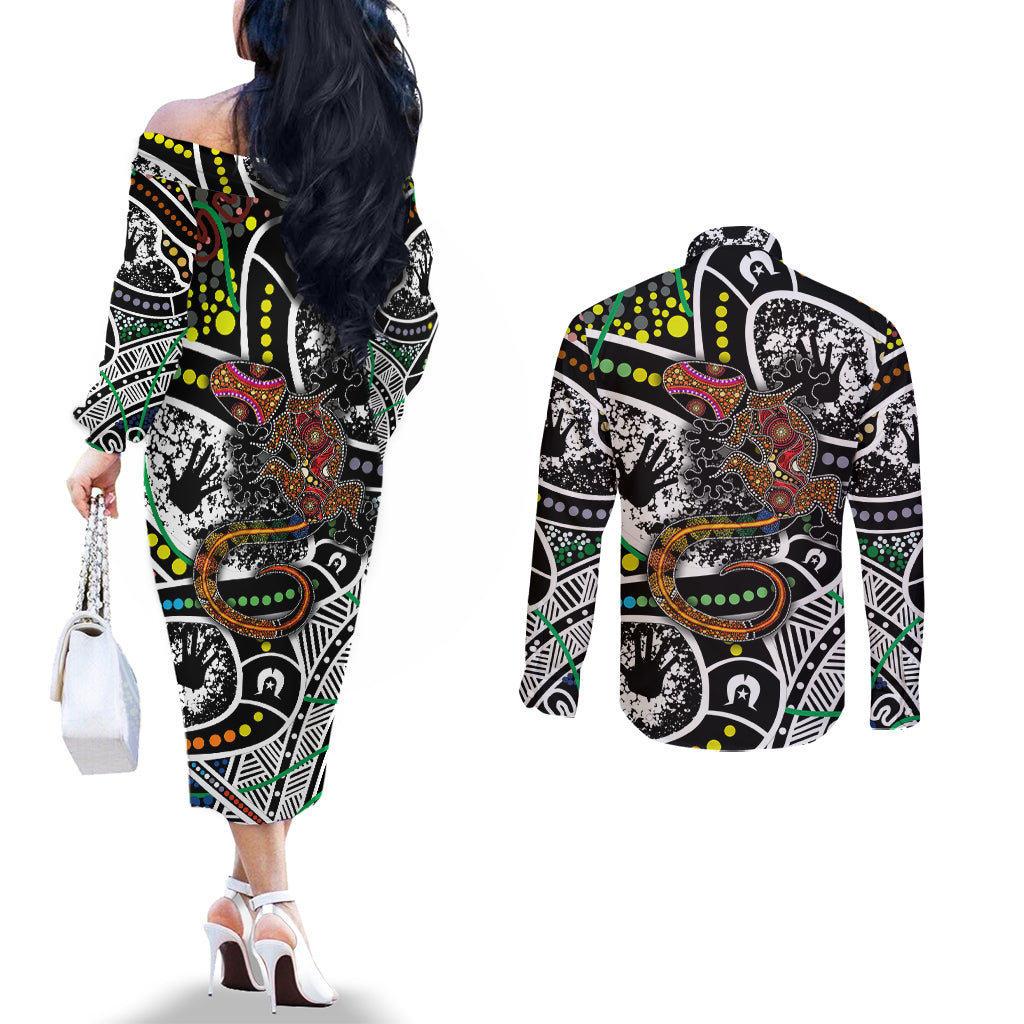 Aboriginal Lizzard Pattern Dot Art Couples Matching Off The Shoulder Long Sleeve Dress and Long Sleeve Button Shirt