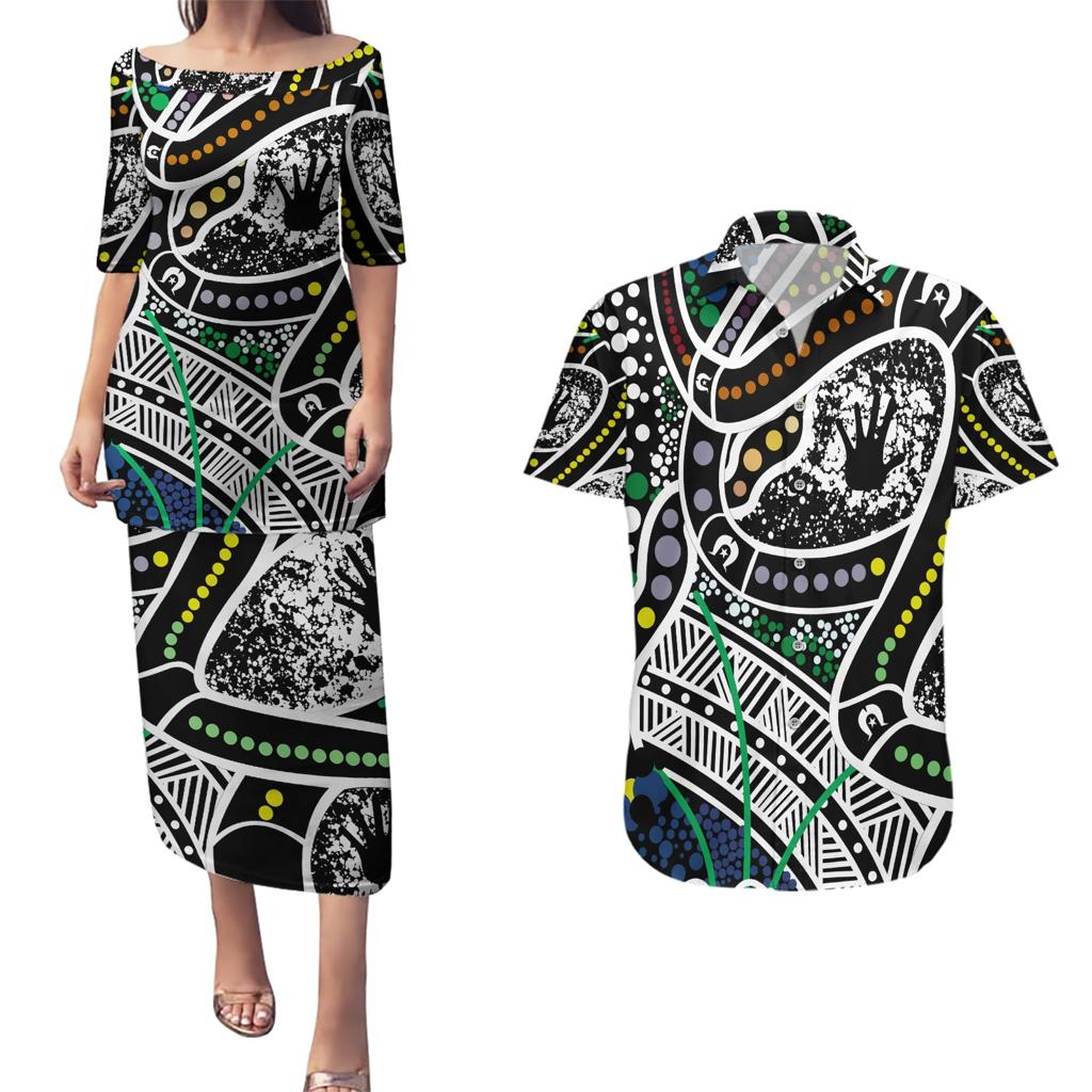 Aboriginal Lizzard Pattern Dot Art Couples Matching Puletasi and Hawaiian Shirt