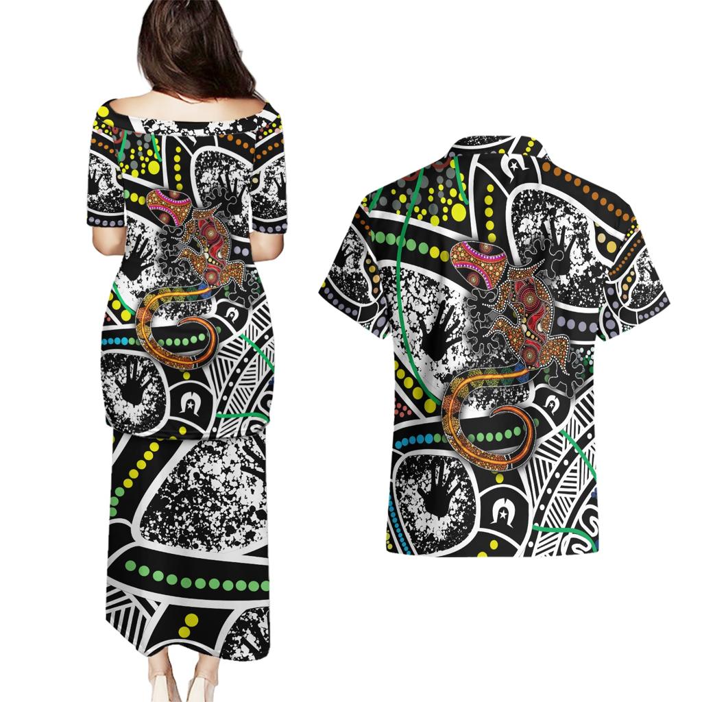 Aboriginal Lizzard Pattern Dot Art Couples Matching Puletasi and Hawaiian Shirt
