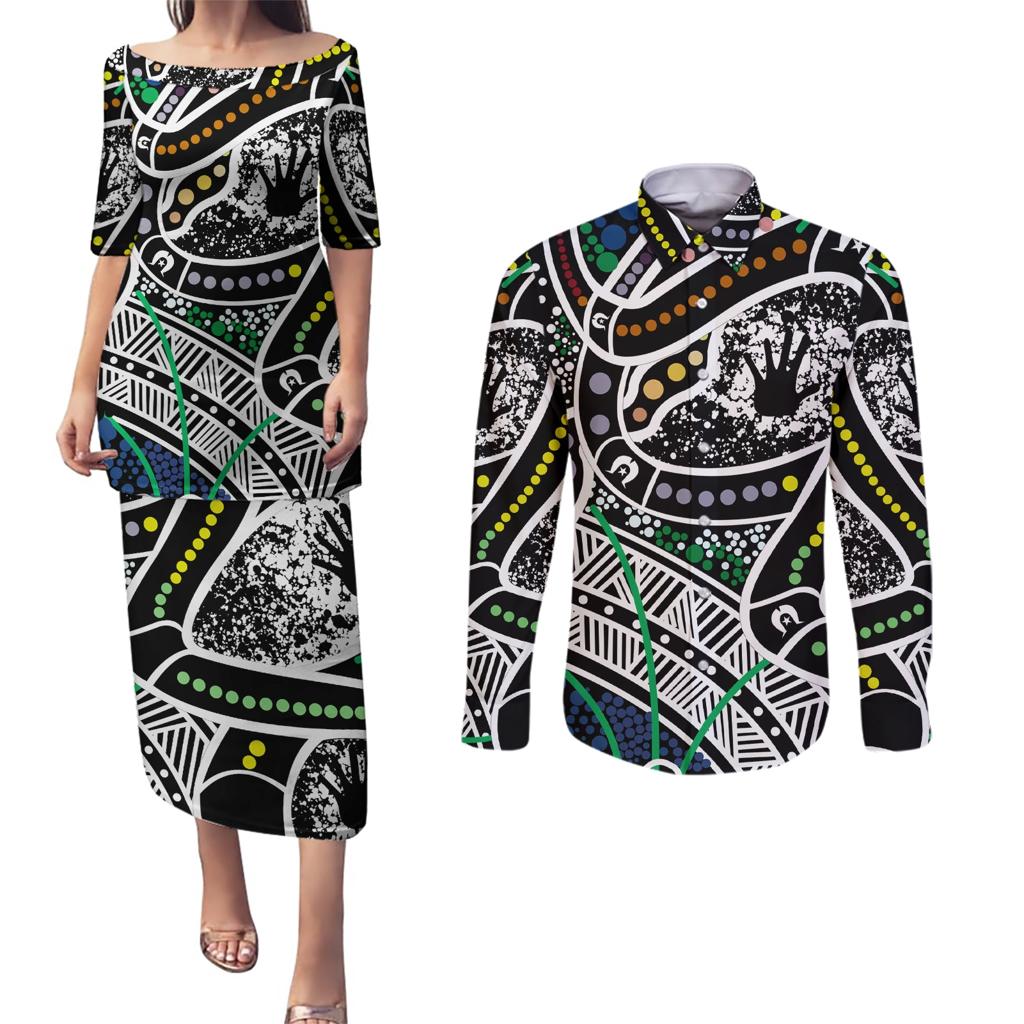 Aboriginal Lizzard Pattern Dot Art Couples Matching Puletasi and Long Sleeve Button Shirt