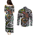 Aboriginal Lizzard Pattern Dot Art Couples Matching Puletasi and Long Sleeve Button Shirt