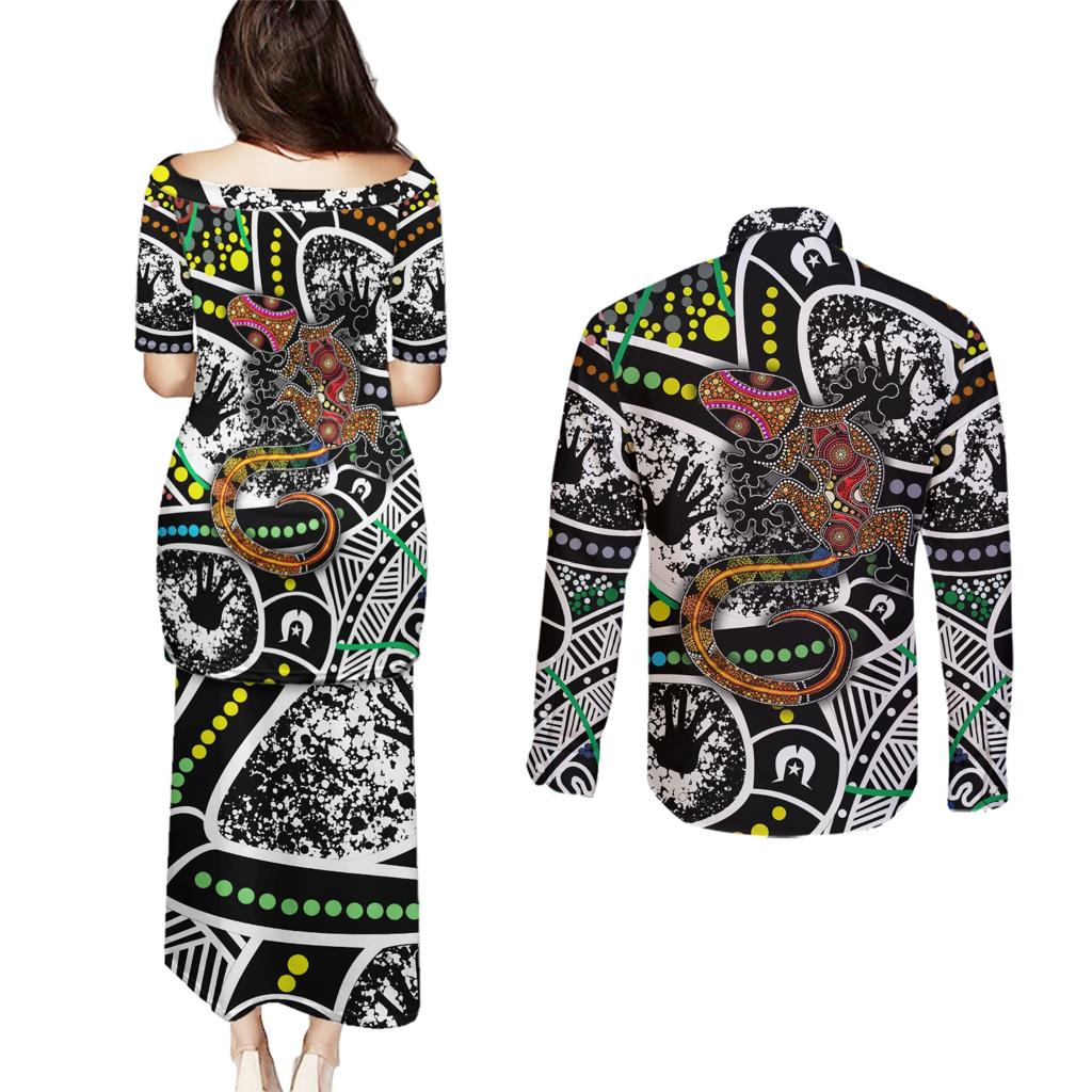 Aboriginal Lizzard Pattern Dot Art Couples Matching Puletasi and Long Sleeve Button Shirt