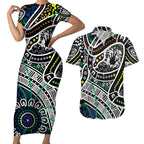 Aboriginal Lizzard Pattern Dot Art Couples Matching Short Sleeve Bodycon Dress and Hawaiian Shirt