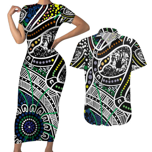 Aboriginal Lizzard Pattern Dot Art Couples Matching Short Sleeve Bodycon Dress and Hawaiian Shirt