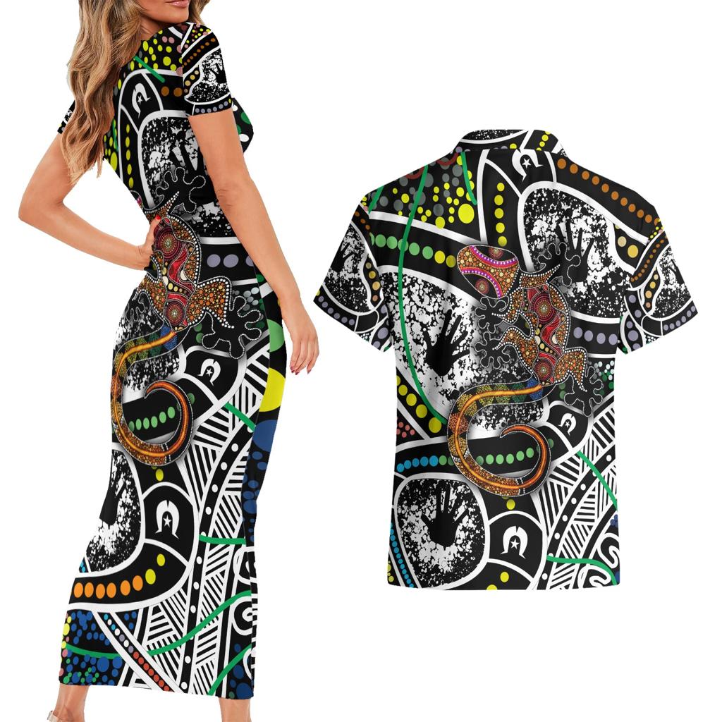 Aboriginal Lizzard Pattern Dot Art Couples Matching Short Sleeve Bodycon Dress and Hawaiian Shirt