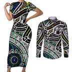 Aboriginal Lizzard Pattern Dot Art Couples Matching Short Sleeve Bodycon Dress and Long Sleeve Button Shirt