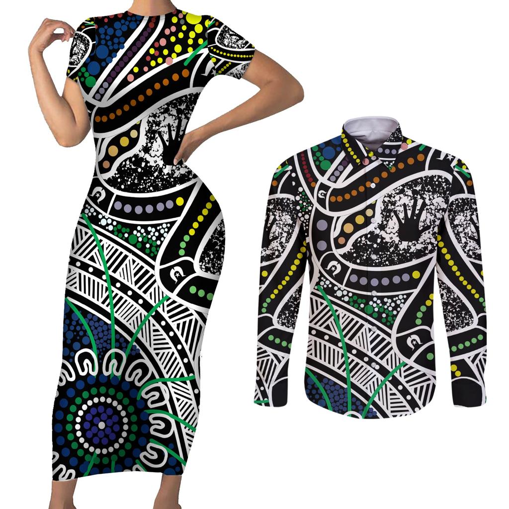 Aboriginal Lizzard Pattern Dot Art Couples Matching Short Sleeve Bodycon Dress and Long Sleeve Button Shirt