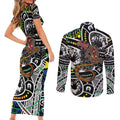 Aboriginal Lizzard Pattern Dot Art Couples Matching Short Sleeve Bodycon Dress and Long Sleeve Button Shirt