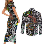 Aboriginal Lizzard Pattern Dot Art Couples Matching Short Sleeve Bodycon Dress and Long Sleeve Button Shirt