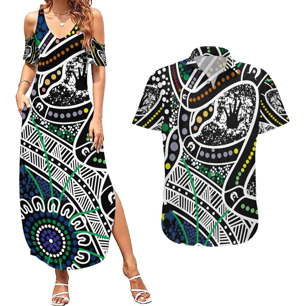 Aboriginal Lizzard Pattern Dot Art Couples Matching Summer Maxi Dress and Hawaiian Shirt