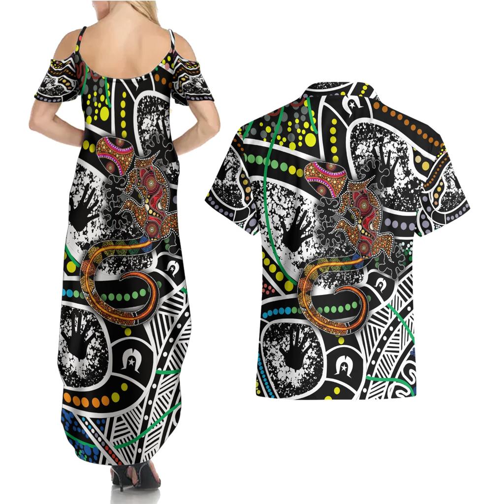 Aboriginal Lizzard Pattern Dot Art Couples Matching Summer Maxi Dress and Hawaiian Shirt