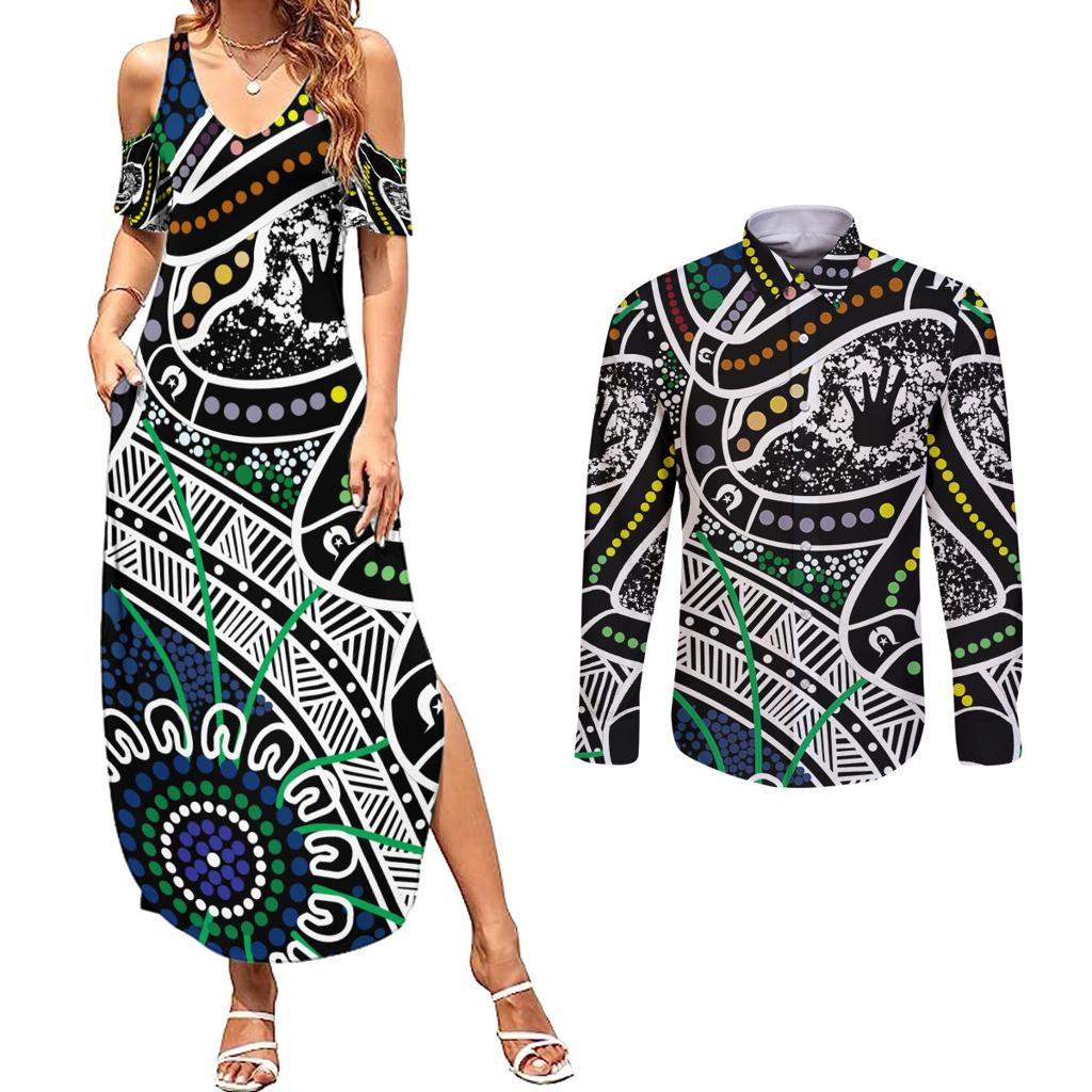 Aboriginal Lizzard Pattern Dot Art Couples Matching Summer Maxi Dress and Long Sleeve Button Shirt