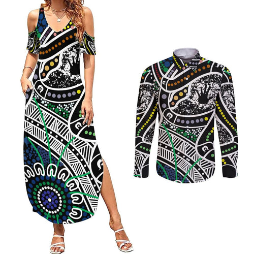 Aboriginal Lizzard Pattern Dot Art Couples Matching Summer Maxi Dress and Long Sleeve Button Shirt