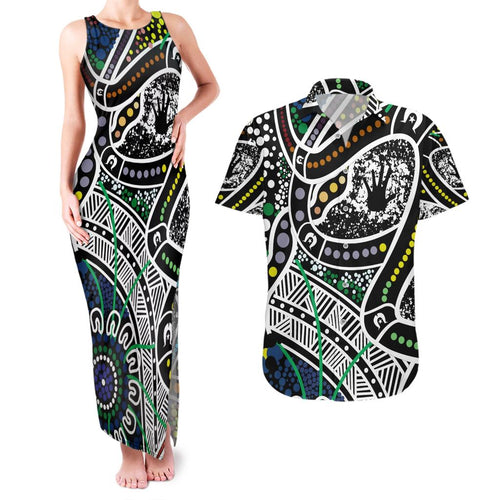 Aboriginal Lizzard Pattern Dot Art Couples Matching Tank Maxi Dress and Hawaiian Shirt