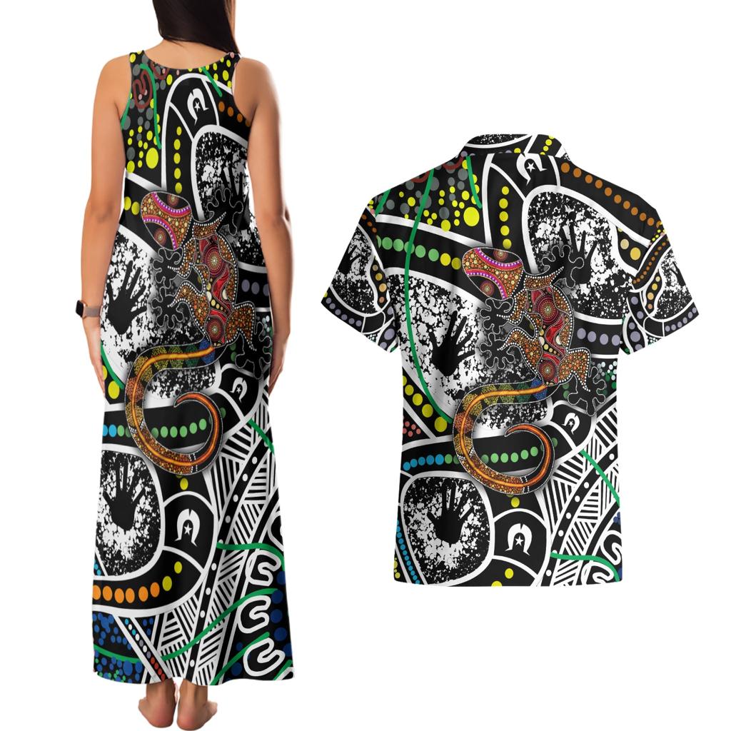 Aboriginal Lizzard Pattern Dot Art Couples Matching Tank Maxi Dress and Hawaiian Shirt
