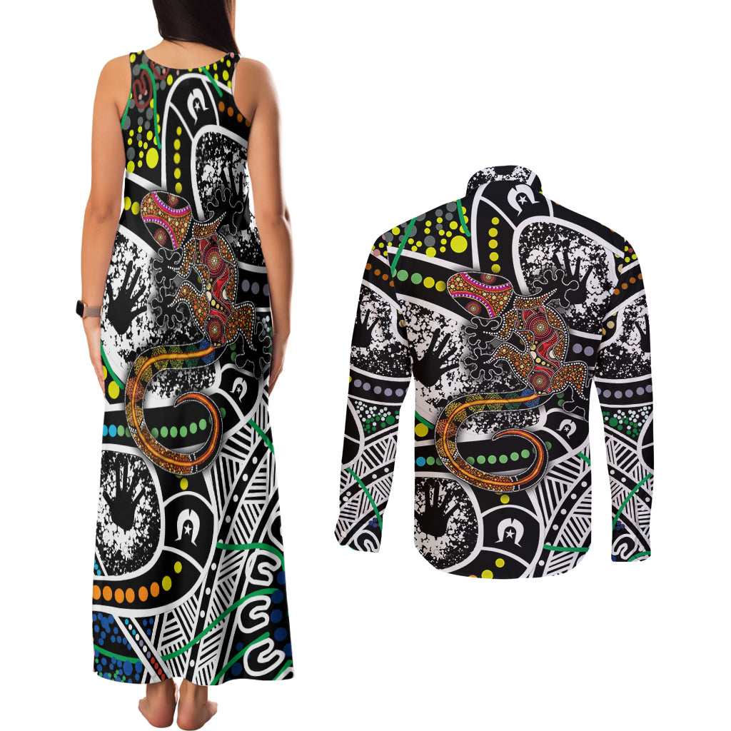 Aboriginal Lizzard Pattern Dot Art Couples Matching Tank Maxi Dress and Long Sleeve Button Shirt