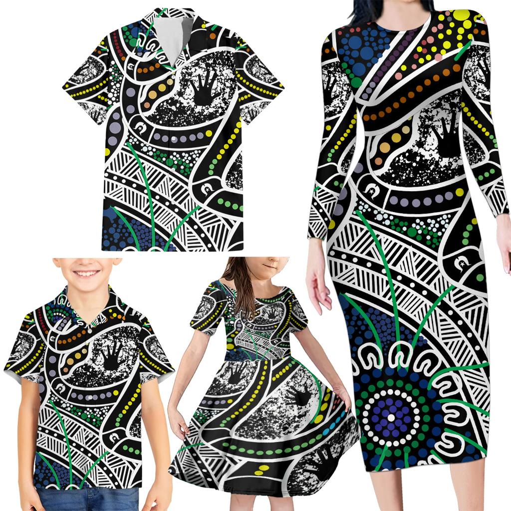 Aboriginal Lizzard Pattern Dot Art Family Matching Long Sleeve Bodycon Dress and Hawaiian Shirt