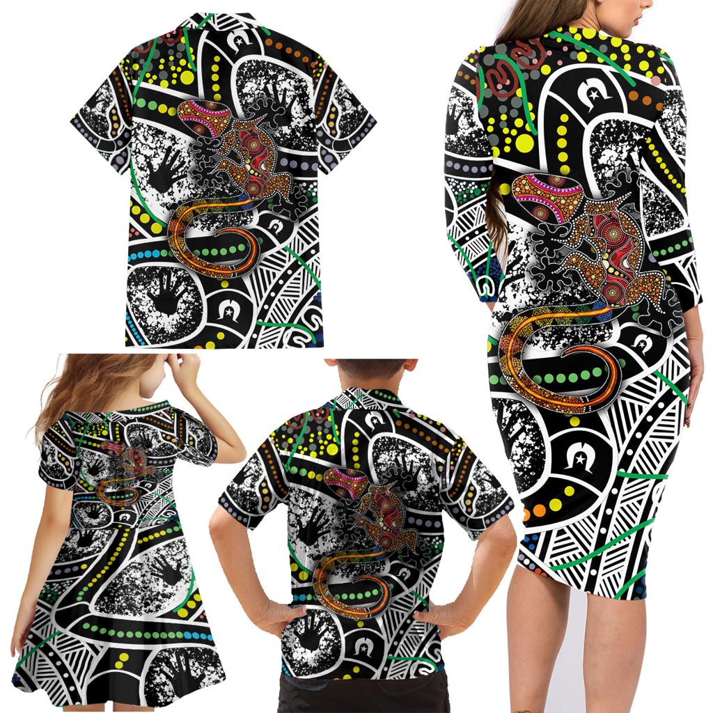 Aboriginal Lizzard Pattern Dot Art Family Matching Long Sleeve Bodycon Dress and Hawaiian Shirt