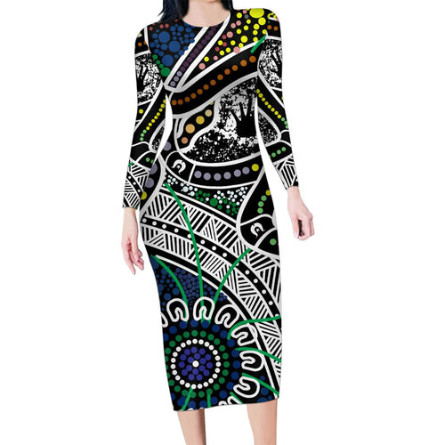 Aboriginal Lizzard Pattern Dot Art Family Matching Long Sleeve Bodycon Dress and Hawaiian Shirt