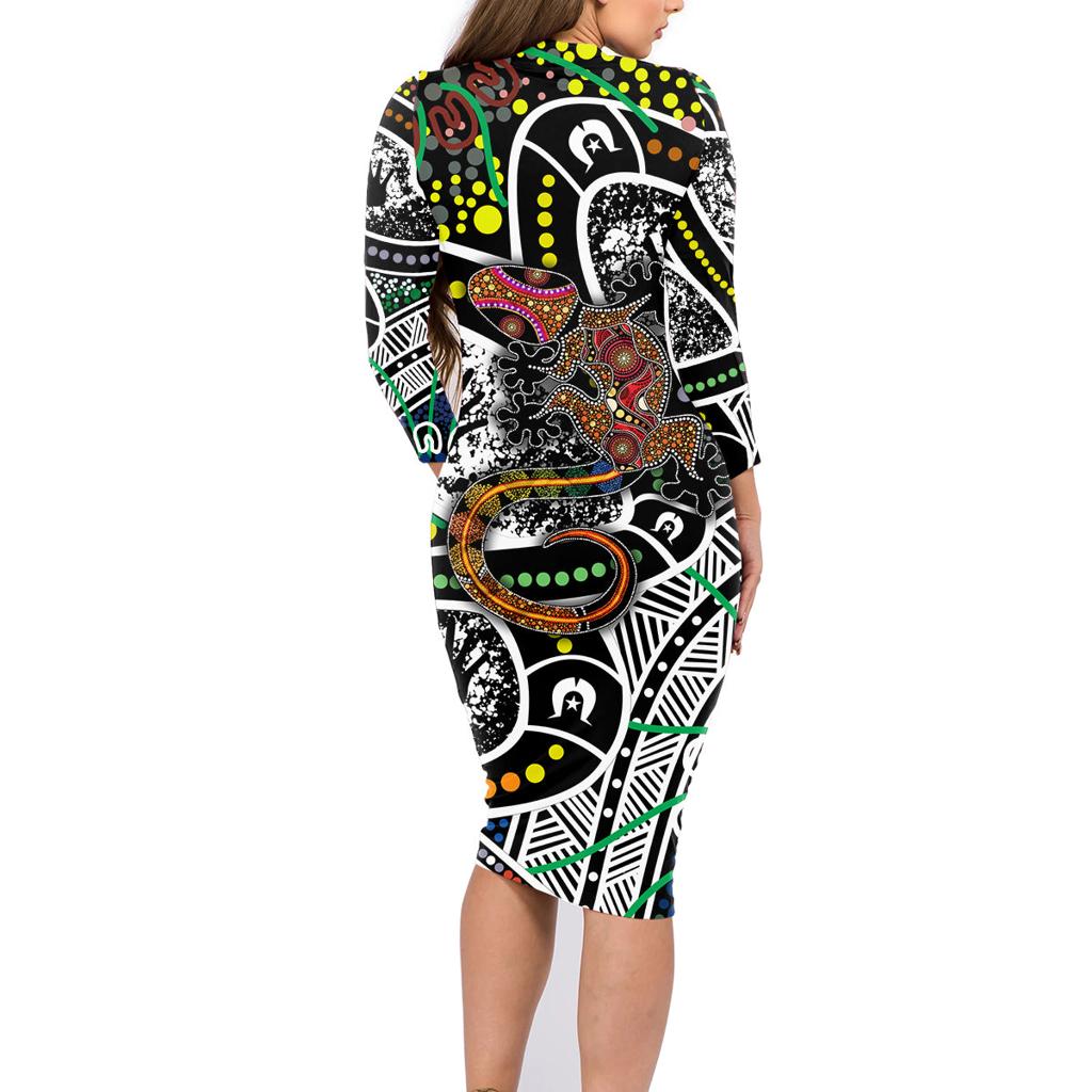Aboriginal Lizzard Pattern Dot Art Family Matching Long Sleeve Bodycon Dress and Hawaiian Shirt