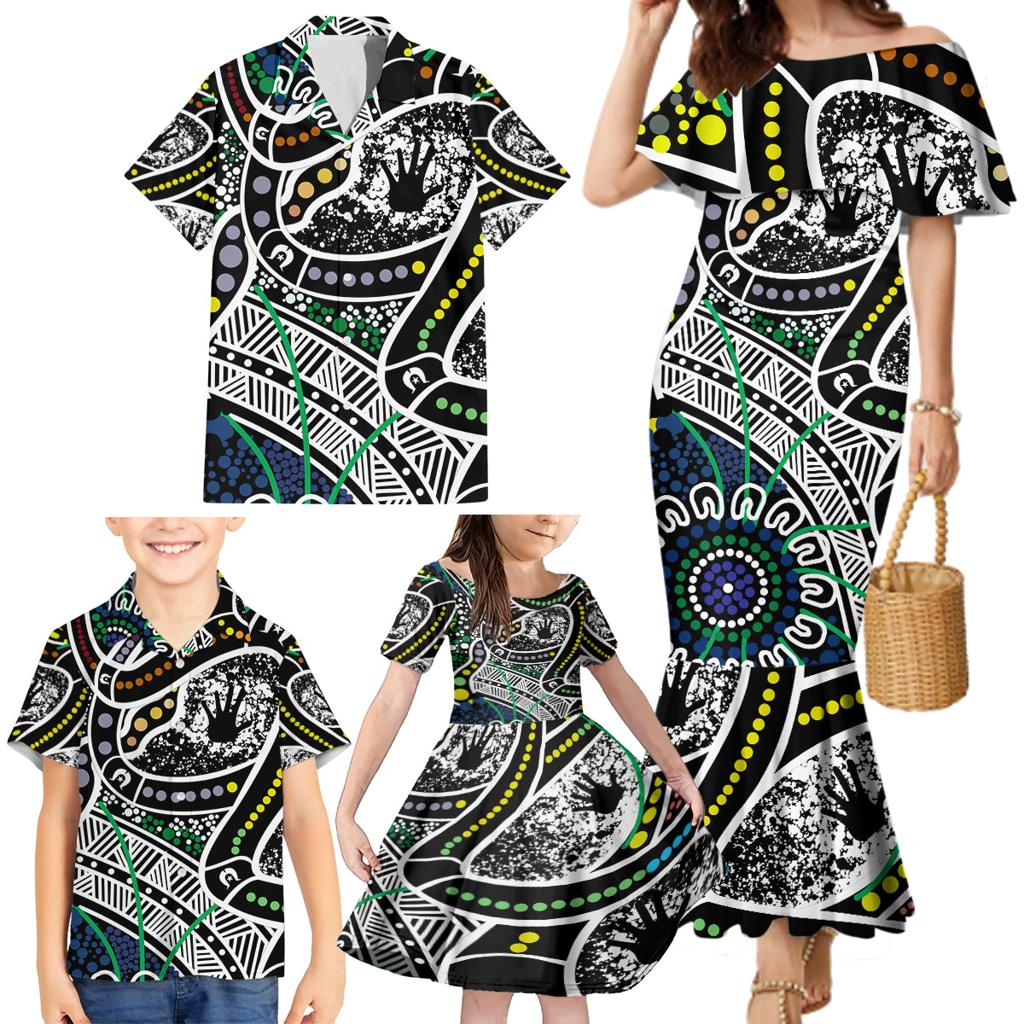 Aboriginal Lizzard Pattern Dot Art Family Matching Mermaid Dress and Hawaiian Shirt