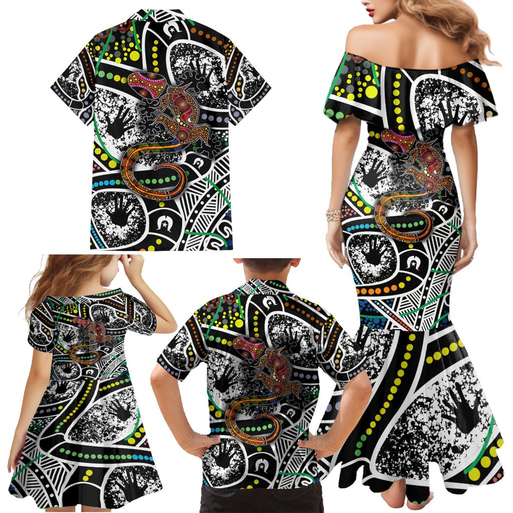 Aboriginal Lizzard Pattern Dot Art Family Matching Mermaid Dress and Hawaiian Shirt