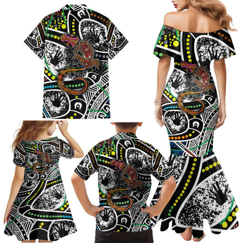 Aboriginal Lizzard Pattern Dot Art Family Matching Mermaid Dress and Hawaiian Shirt