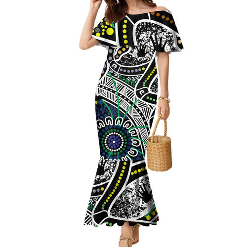 Aboriginal Lizzard Pattern Dot Art Family Matching Mermaid Dress and Hawaiian Shirt
