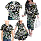 Aboriginal Lizzard Pattern Dot Art Family Matching Off Shoulder Long Sleeve Dress and Hawaiian Shirt