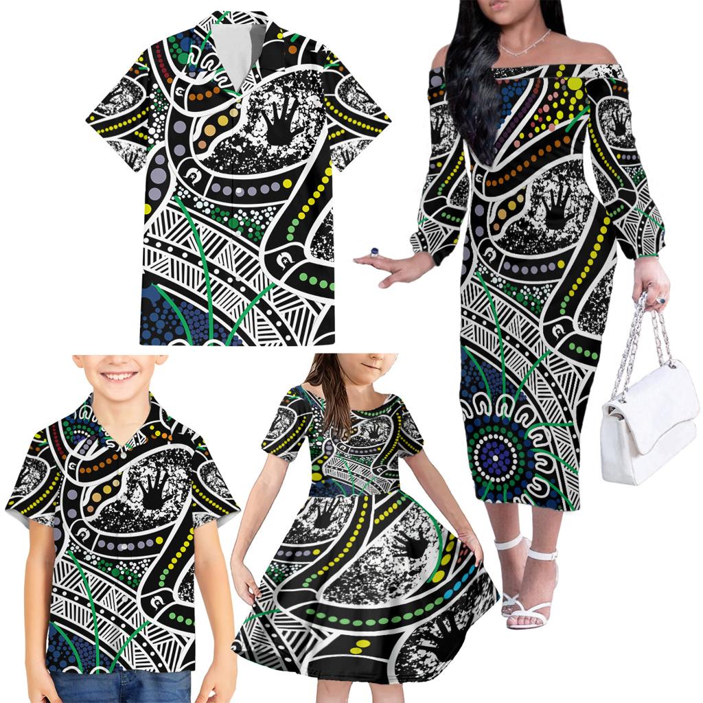 Aboriginal Lizzard Pattern Dot Art Family Matching Off Shoulder Long Sleeve Dress and Hawaiian Shirt