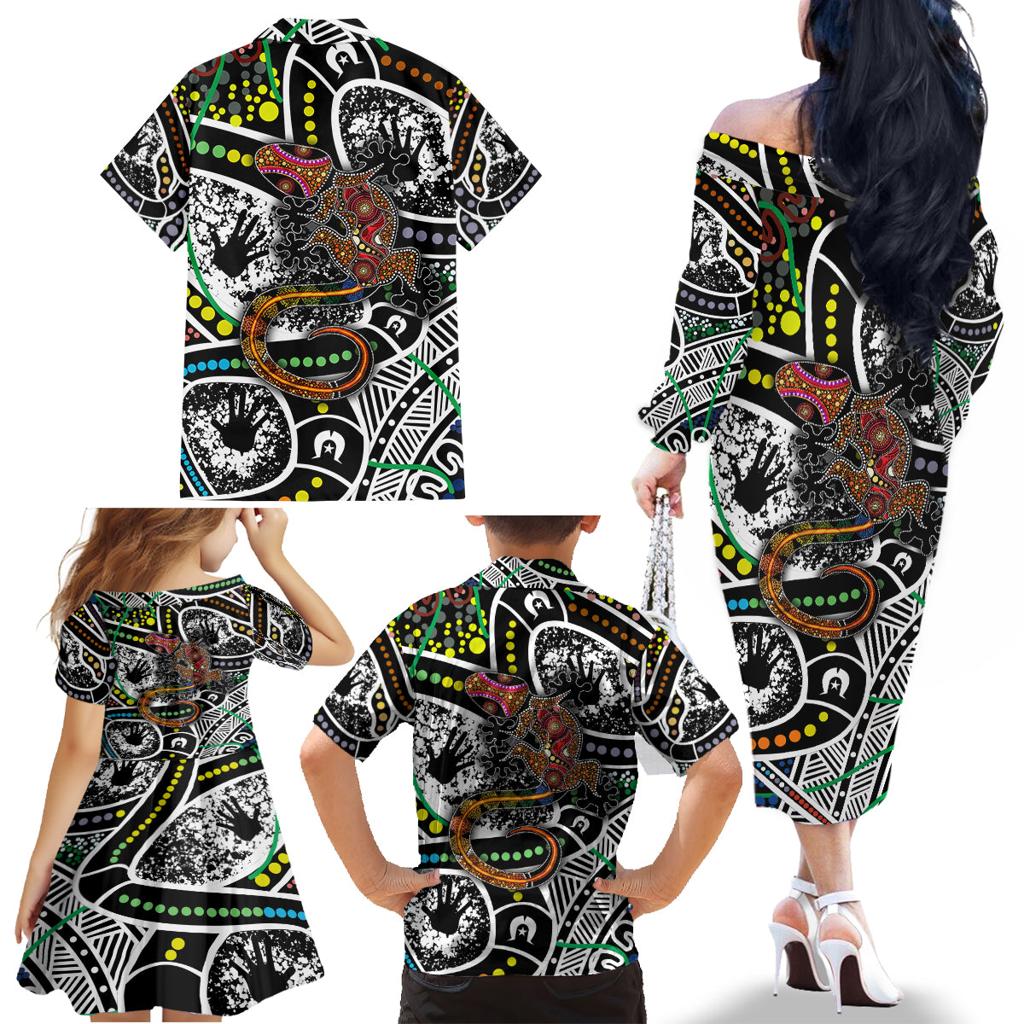 Aboriginal Lizzard Pattern Dot Art Family Matching Off Shoulder Long Sleeve Dress and Hawaiian Shirt
