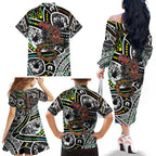 Aboriginal Lizzard Pattern Dot Art Family Matching Off Shoulder Long Sleeve Dress and Hawaiian Shirt