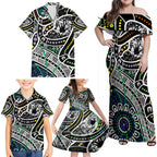 Aboriginal Lizzard Pattern Dot Art Family Matching Off Shoulder Maxi Dress and Hawaiian Shirt