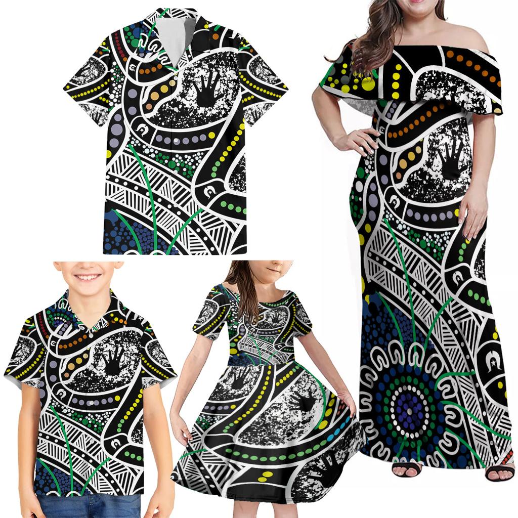 Aboriginal Lizzard Pattern Dot Art Family Matching Off Shoulder Maxi Dress and Hawaiian Shirt