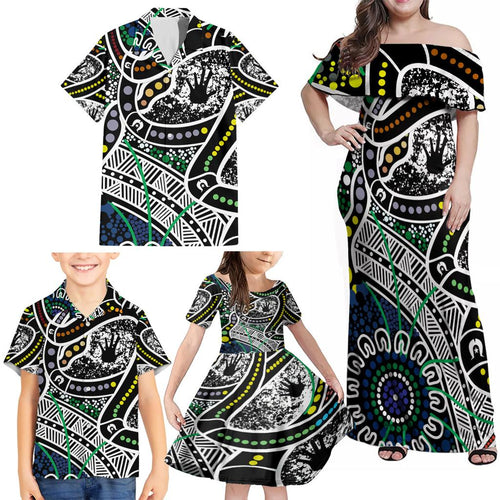 Aboriginal Lizzard Pattern Dot Art Family Matching Off Shoulder Maxi Dress and Hawaiian Shirt