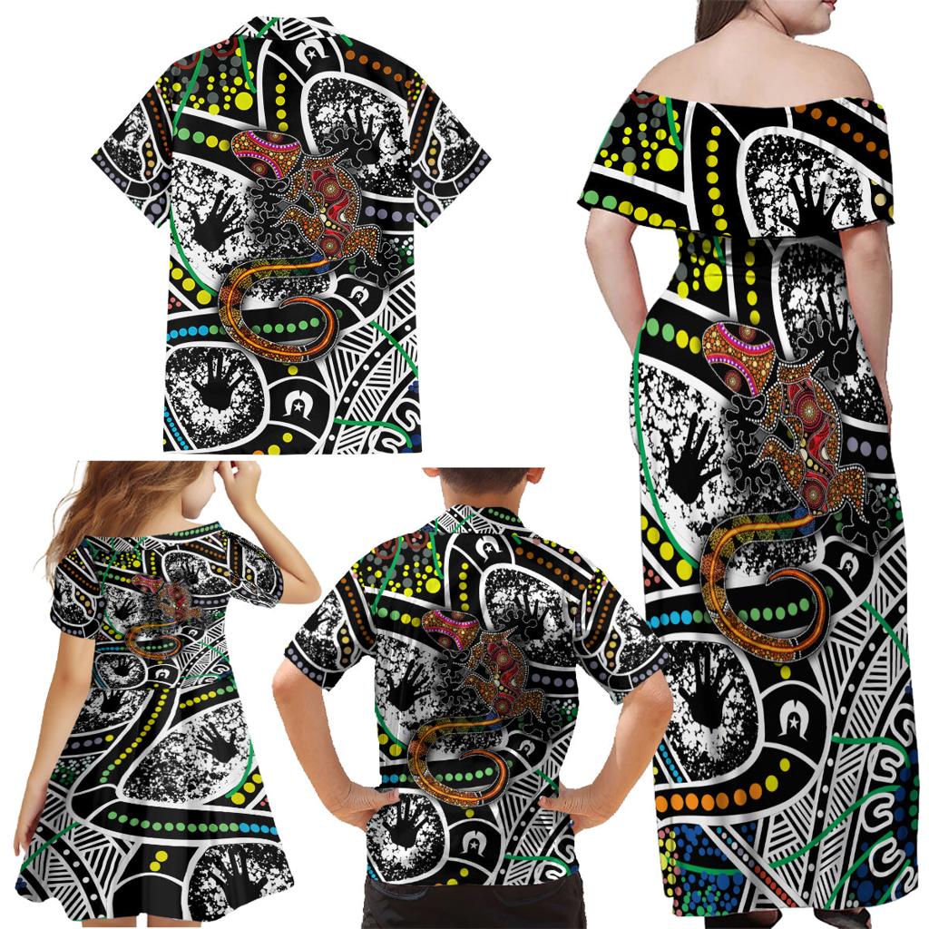 Aboriginal Lizzard Pattern Dot Art Family Matching Off Shoulder Maxi Dress and Hawaiian Shirt