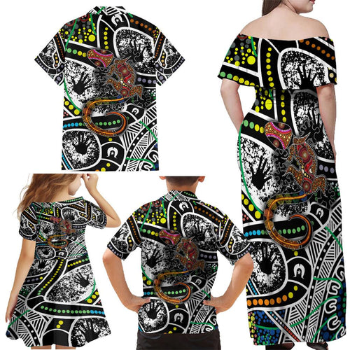 Aboriginal Lizzard Pattern Dot Art Family Matching Off Shoulder Maxi Dress and Hawaiian Shirt