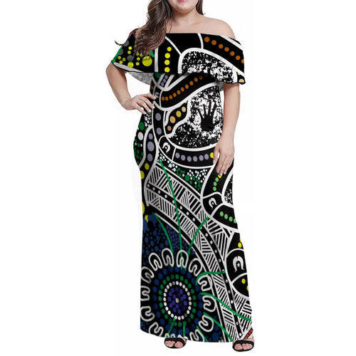 Aboriginal Lizzard Pattern Dot Art Family Matching Off Shoulder Maxi Dress and Hawaiian Shirt