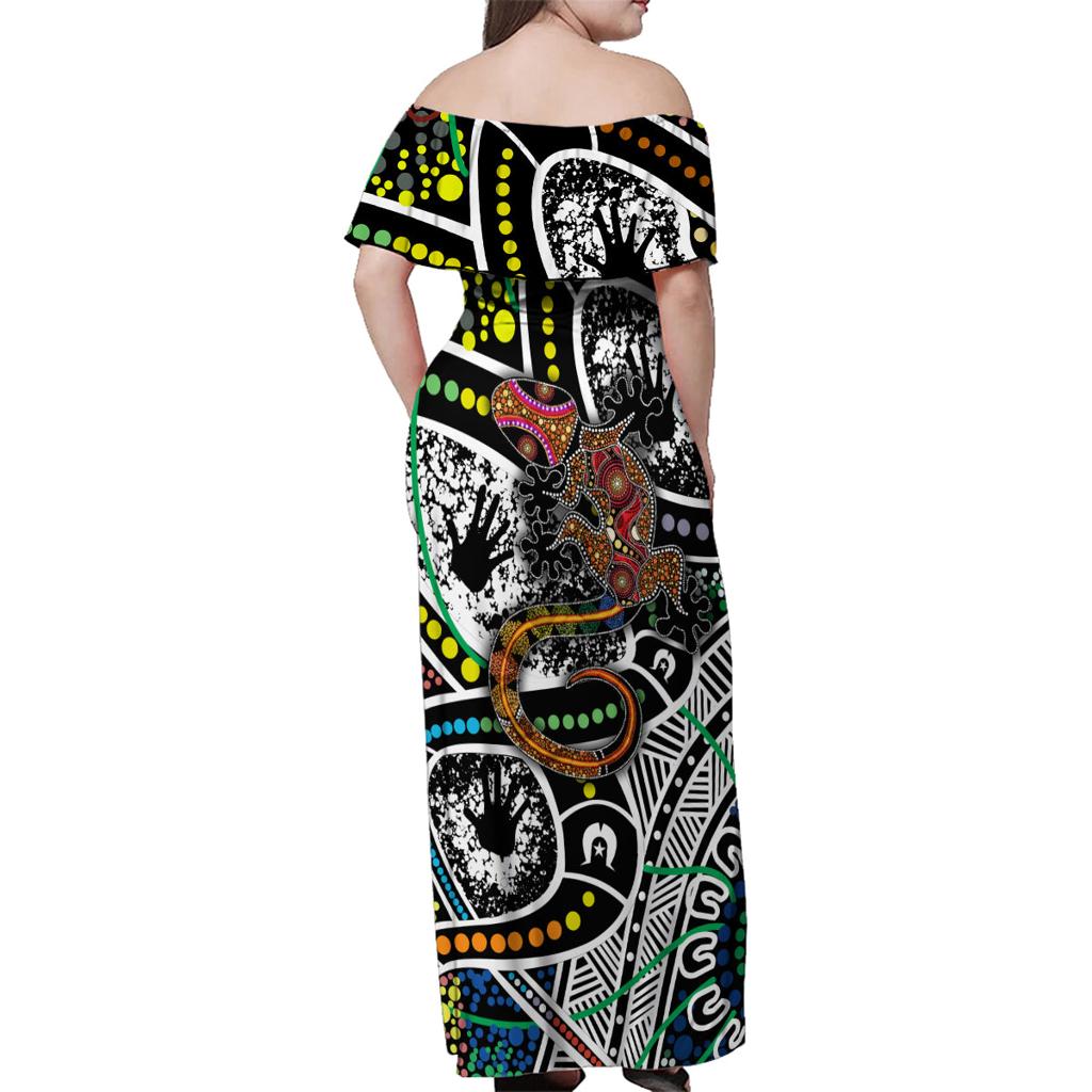 Aboriginal Lizzard Pattern Dot Art Family Matching Off Shoulder Maxi Dress and Hawaiian Shirt