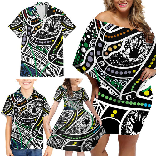 Aboriginal Lizzard Pattern Dot Art Family Matching Off Shoulder Short Dress and Hawaiian Shirt