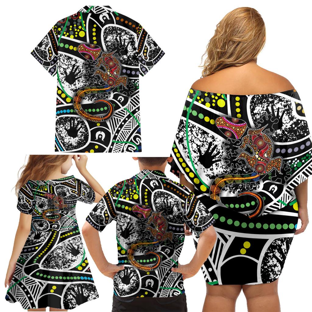 Aboriginal Lizzard Pattern Dot Art Family Matching Off Shoulder Short Dress and Hawaiian Shirt