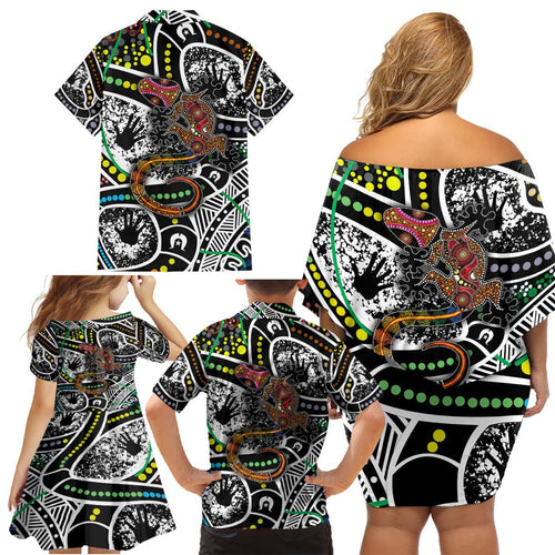 Aboriginal Lizzard Pattern Dot Art Family Matching Off Shoulder Short Dress and Hawaiian Shirt