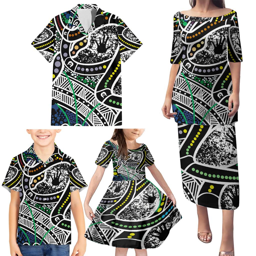 Aboriginal Lizzard Pattern Dot Art Family Matching Puletasi and Hawaiian Shirt