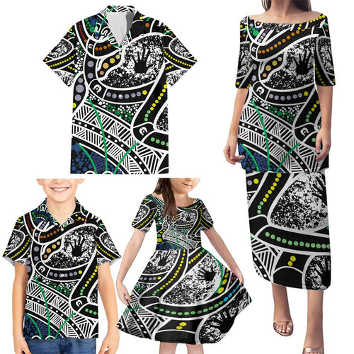 Aboriginal Lizzard Pattern Dot Art Family Matching Puletasi and Hawaiian Shirt