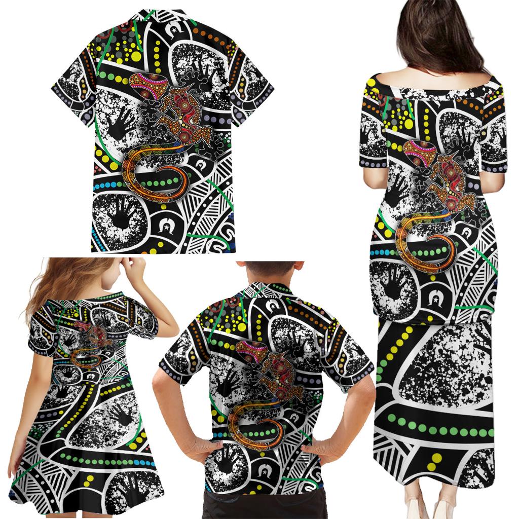 Aboriginal Lizzard Pattern Dot Art Family Matching Puletasi and Hawaiian Shirt