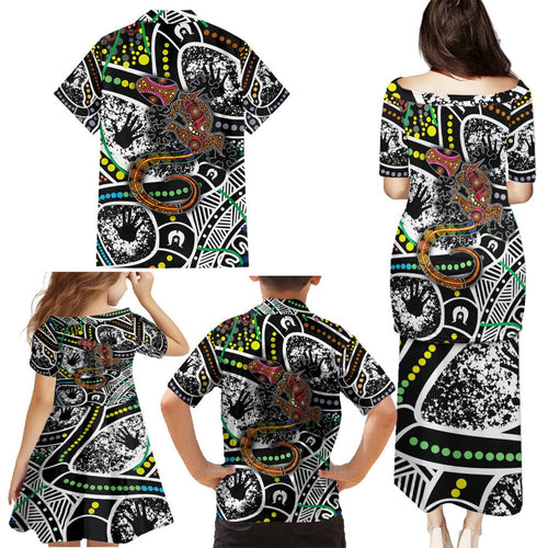 Aboriginal Lizzard Pattern Dot Art Family Matching Puletasi and Hawaiian Shirt