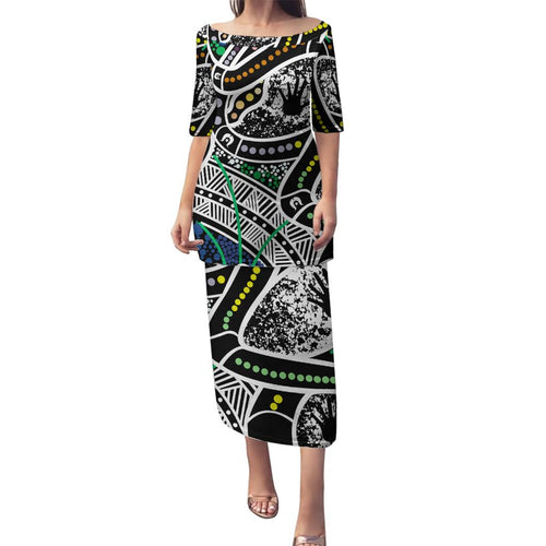 Aboriginal Lizzard Pattern Dot Art Family Matching Puletasi and Hawaiian Shirt